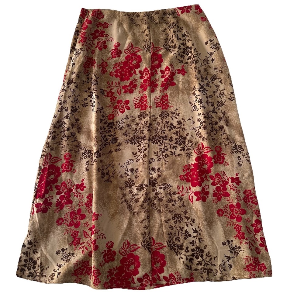 90s Floral Midi Skirt 14P Petite Tan Red Boho Fairy Liz Claiborne